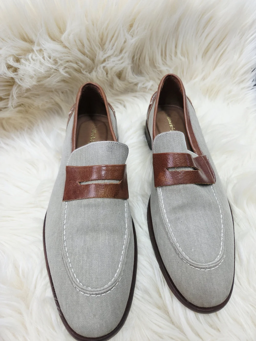 Mens Luxury Bullocks & Jones Gray Canvas & Brown Leather Penny Dress Shoes